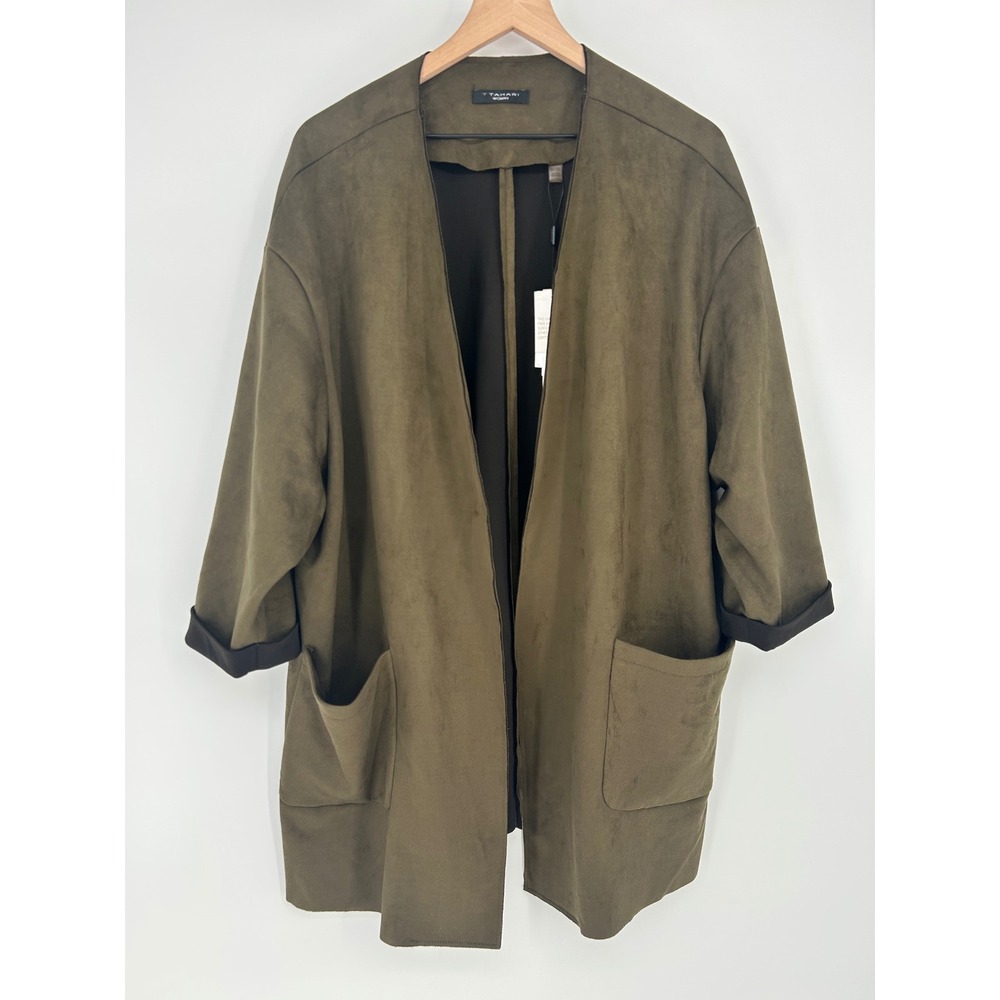 "NWT" T Tahari Woman Faux Leather Open Front Jacket In Olive Size 3X- Minimalist